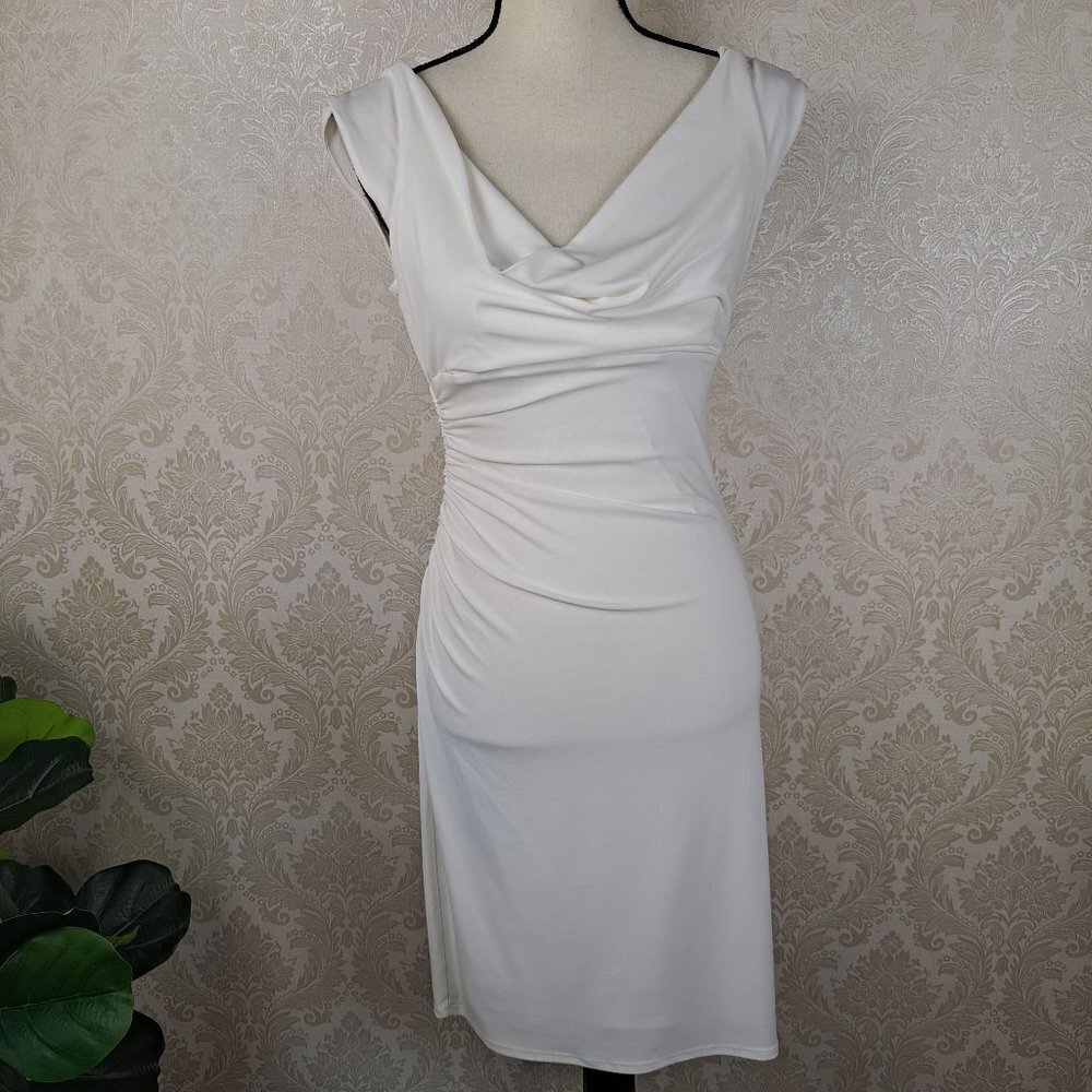 Boston Proper Size 2 White Cowl Neck Dress Sleeveless Ruching on Side NWOT